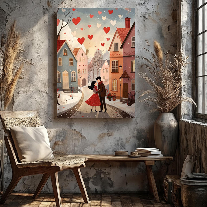 Winter Village Love Canvas – Cozy Couple Embrace in Snowy Town - Gifitto