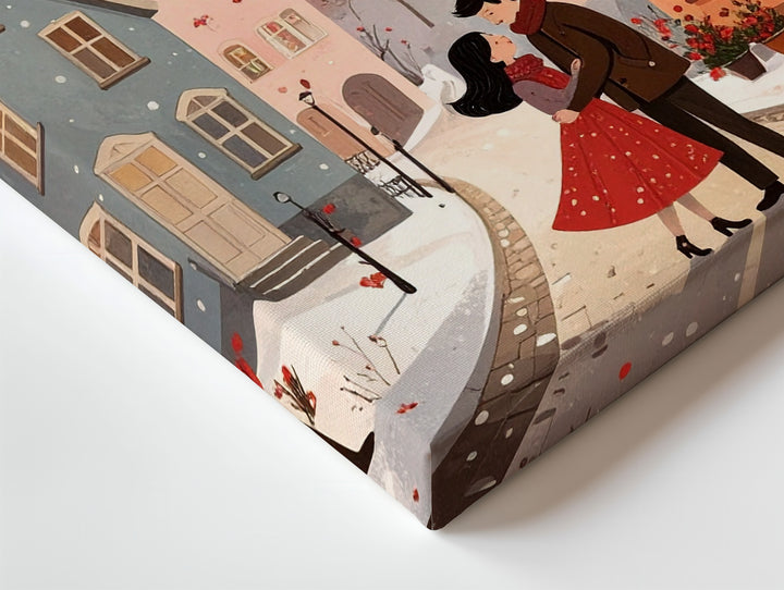 Winter Village Love Canvas – Cozy Couple Embrace in Snowy Town - Gifitto