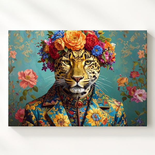 Floral Crowned Leopard Canvas – Regal Animal Portrait in Fantasy Fashion - Gifitto