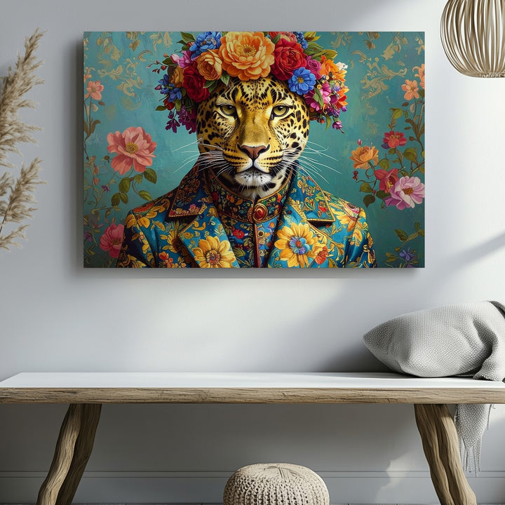 Floral Crowned Leopard Canvas – Regal Animal Portrait in Fantasy Fashion - Gifitto