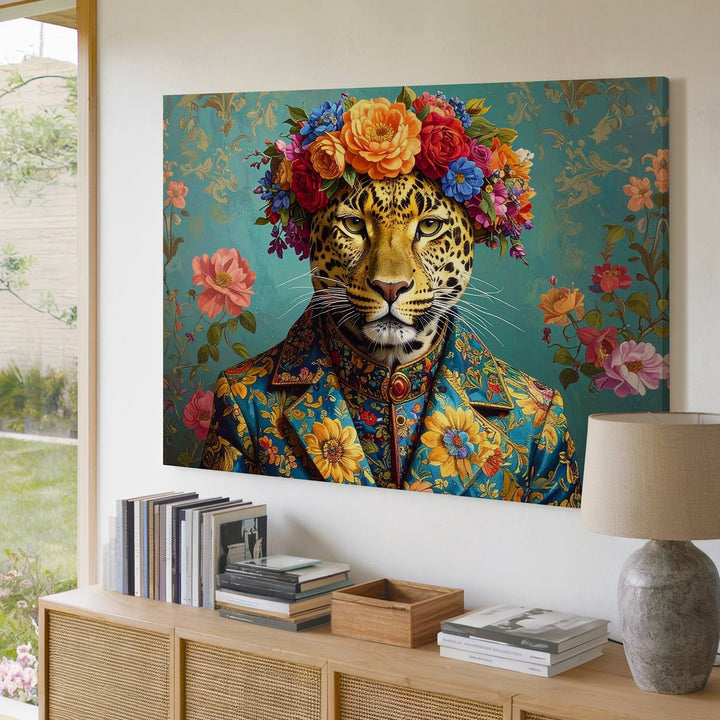 Floral Crowned Leopard Canvas – Regal Animal Portrait in Fantasy Fashion - Gifitto