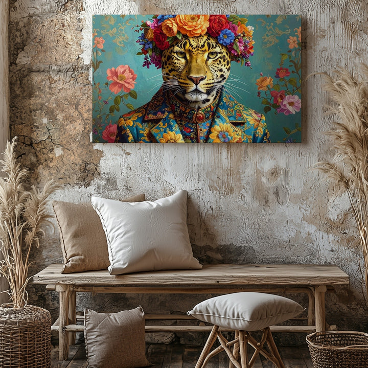 Floral Crowned Leopard Canvas – Regal Animal Portrait in Fantasy Fashion - Gifitto