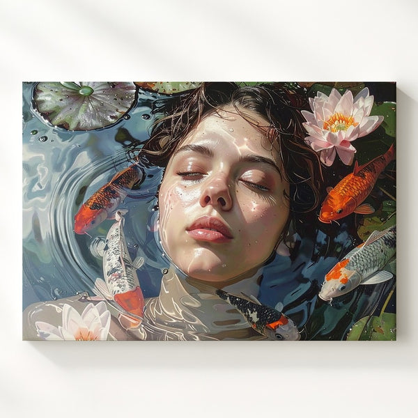 Lily Pond Dream Canvas – Submerged Woman with Koi & Water Lilies