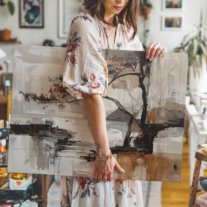 Fluid Rhythm Canvas – Mixed Media Abstract Art with Earthy Tones and Gestural Linework - Gifitto