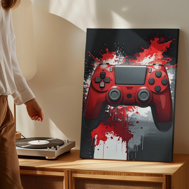 Crimson Chaos Canvas – Red PlayStation Controller with Explosive Energy - Gifitto