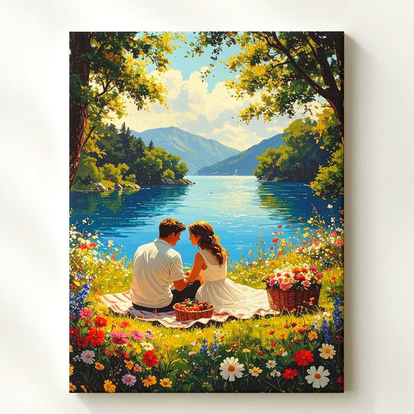 Lakeside Picnic Love Canvas – Serene Couple Moment by the Water - Gifitto