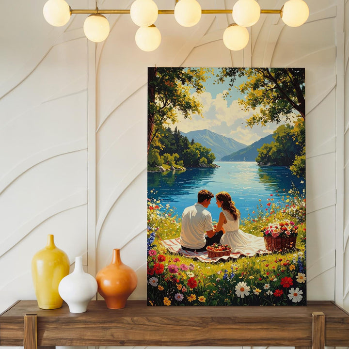 Lakeside Picnic Love Canvas – Serene Couple Moment by the Water - Gifitto