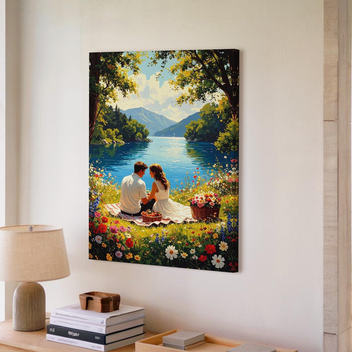 Lakeside Picnic Love Canvas – Serene Couple Moment by the Water - Gifitto