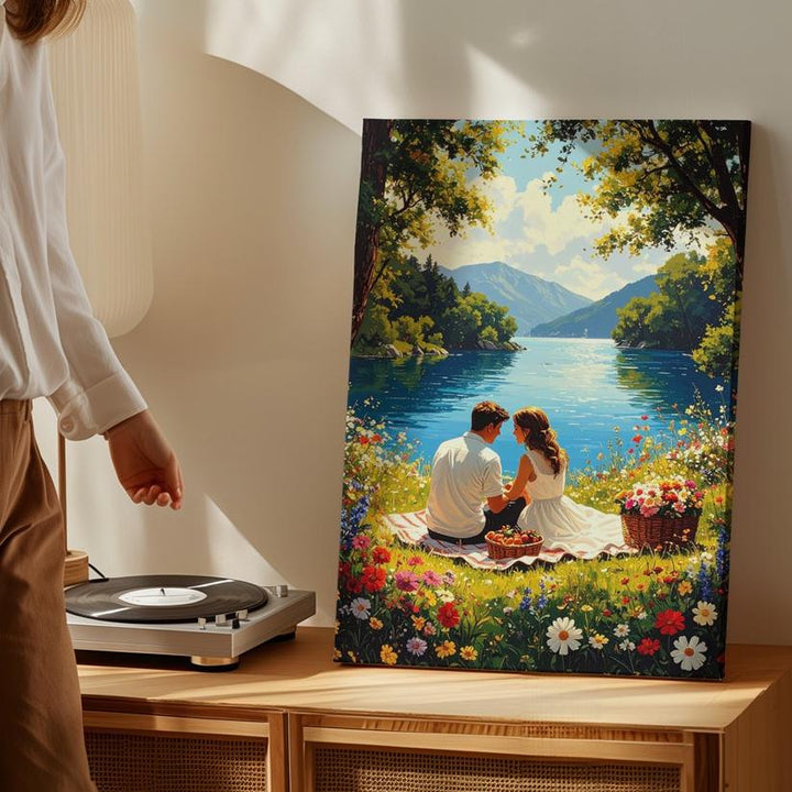 Lakeside Picnic Love Canvas – Serene Couple Moment by the Water - Gifitto