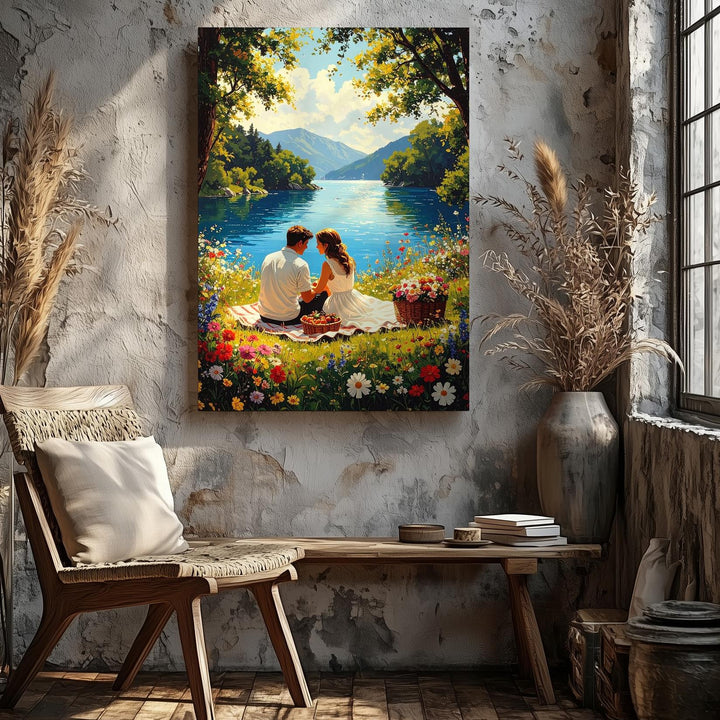 Lakeside Picnic Love Canvas – Serene Couple Moment by the Water - Gifitto