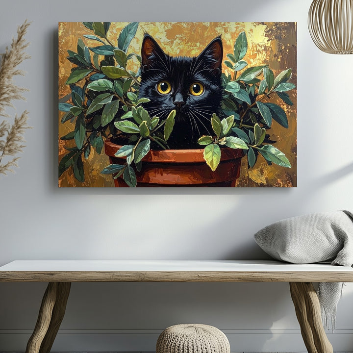 Mischievous Cat in Plant Canvas – Playful Feline Art - Gifitto