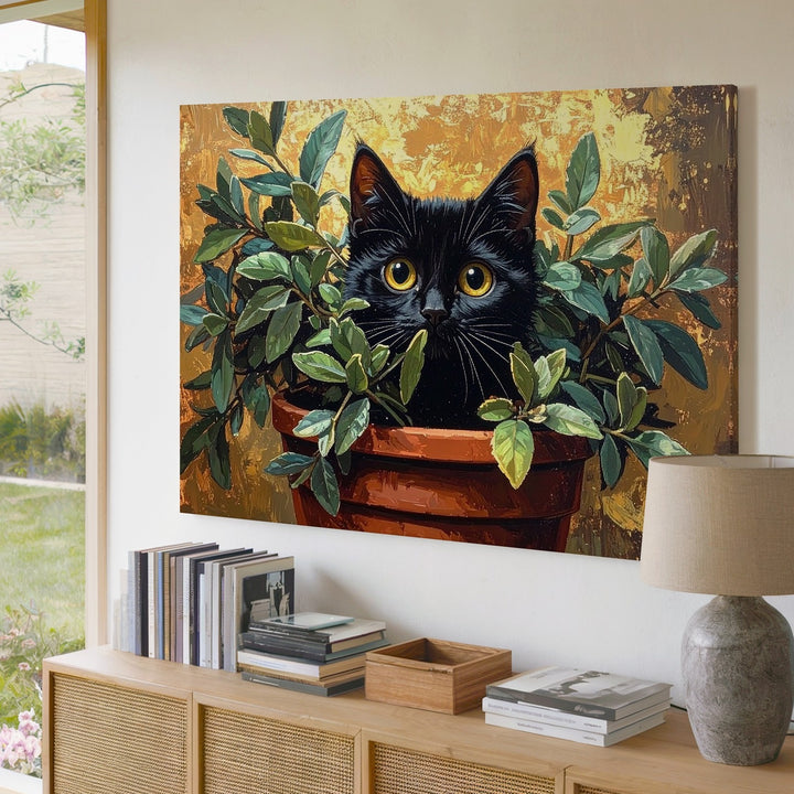 Mischievous Cat in Plant Canvas – Playful Feline Art - Gifitto