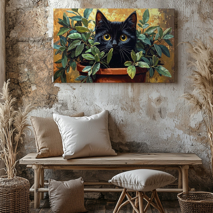 Mischievous Cat in Plant Canvas – Playful Feline Art - Gifitto