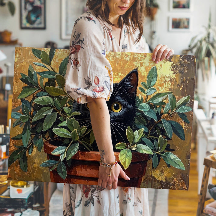 Mischievous Cat in Plant Canvas – Playful Feline Art - Gifitto