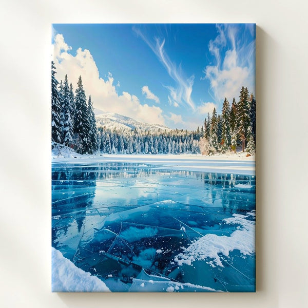Frozen Lake Reflection Canvas – Snowy Pines & Crystal Ice Winter Scene