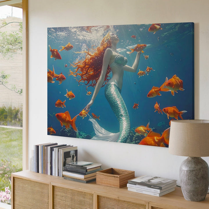 Mermaid & Goldfish Harmony Canvas – Enchanting Underwater Fantasy Wall Art - Gifitto