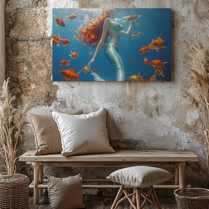 Mermaid & Goldfish Harmony Canvas – Enchanting Underwater Fantasy Wall Art - Gifitto