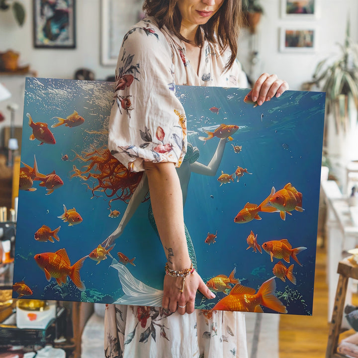Mermaid & Goldfish Harmony Canvas – Enchanting Underwater Fantasy Wall Art - Gifitto