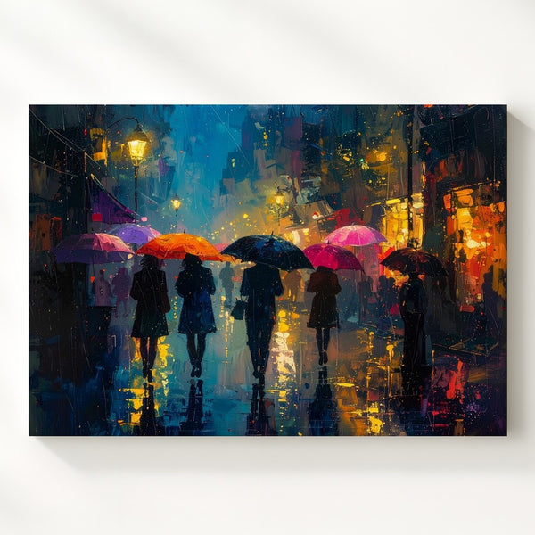 Rainy Night Stroll Canvas – Impressionistic Umbrella Walk with Vibrant Lights