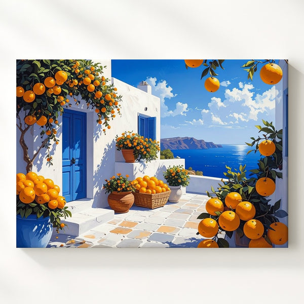 Mediterranean Orange Street Canvas – Sunlit Coastal Village Wall Art - Gifitto