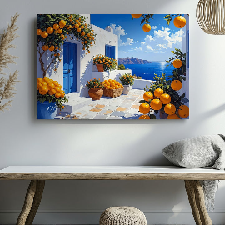 Mediterranean Orange Street Canvas – Sunlit Coastal Village Wall Art - Gifitto
