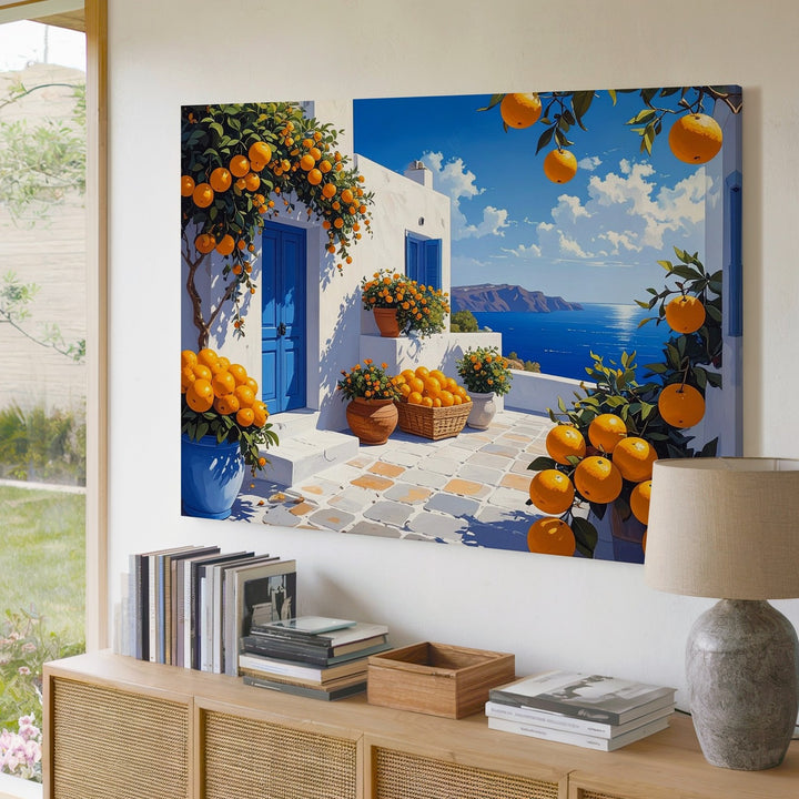 Mediterranean Orange Street Canvas – Sunlit Coastal Village Wall Art - Gifitto