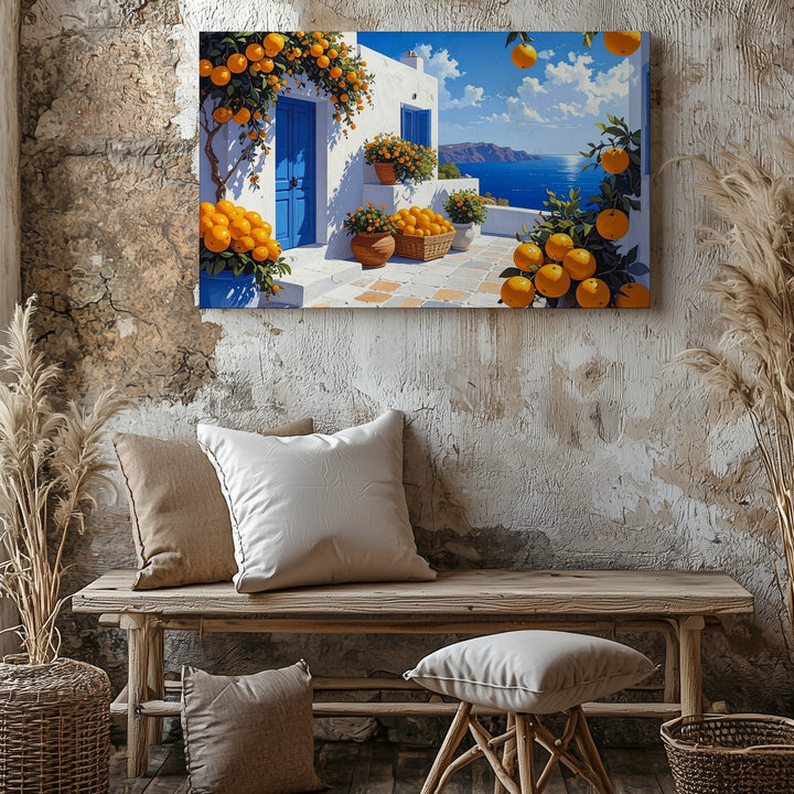 Mediterranean Orange Street Canvas – Sunlit Coastal Village Wall Art - Gifitto