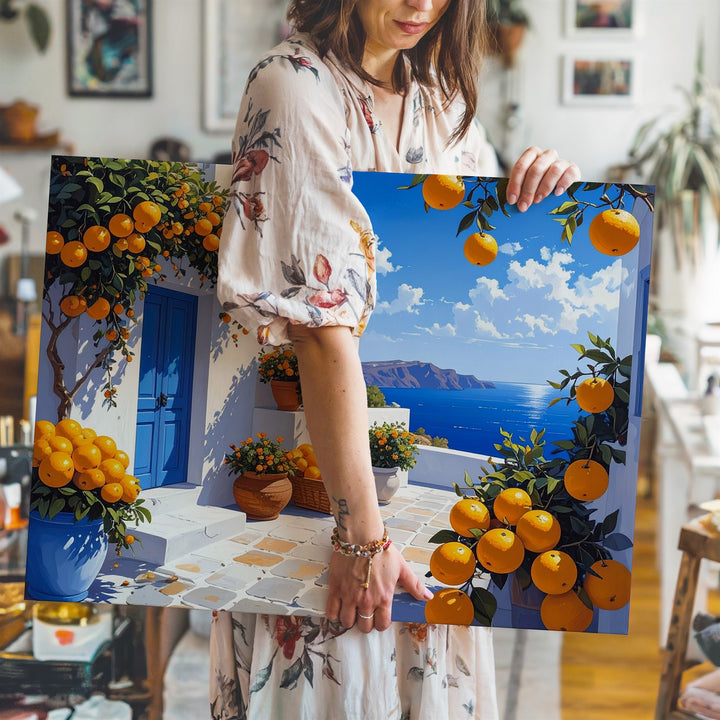 Mediterranean Orange Street Canvas – Sunlit Coastal Village Wall Art - Gifitto