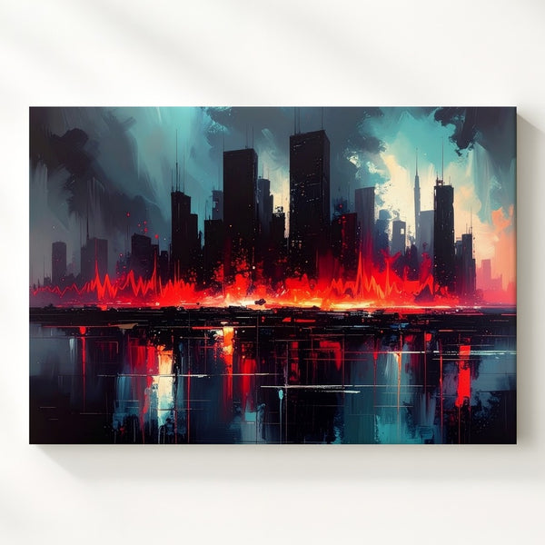 Crimson Pulse Canvas – Futuristic Cyberpunk Cityscape with Digital Heartbeat