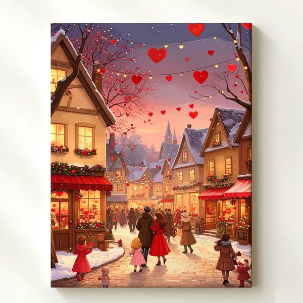 Romantic Winter Celebration Canvas – Festive Village Street with Hearts and Lights - Gifitto
