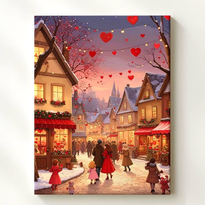 Romantic Winter Celebration Canvas – Festive Village Street with Hearts and Lights - Gifitto