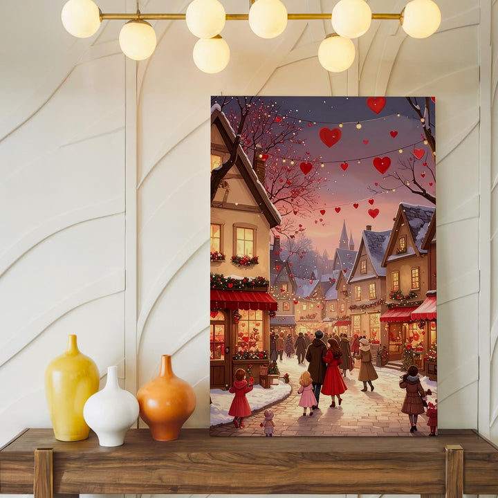Romantic Winter Celebration Canvas – Festive Village Street with Hearts and Lights - Gifitto