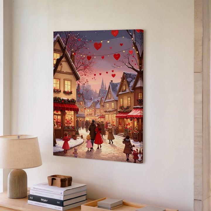 Romantic Winter Celebration Canvas – Festive Village Street with Hearts and Lights - Gifitto