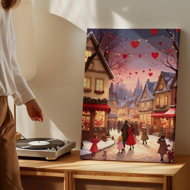 Romantic Winter Celebration Canvas – Festive Village Street with Hearts and Lights - Gifitto