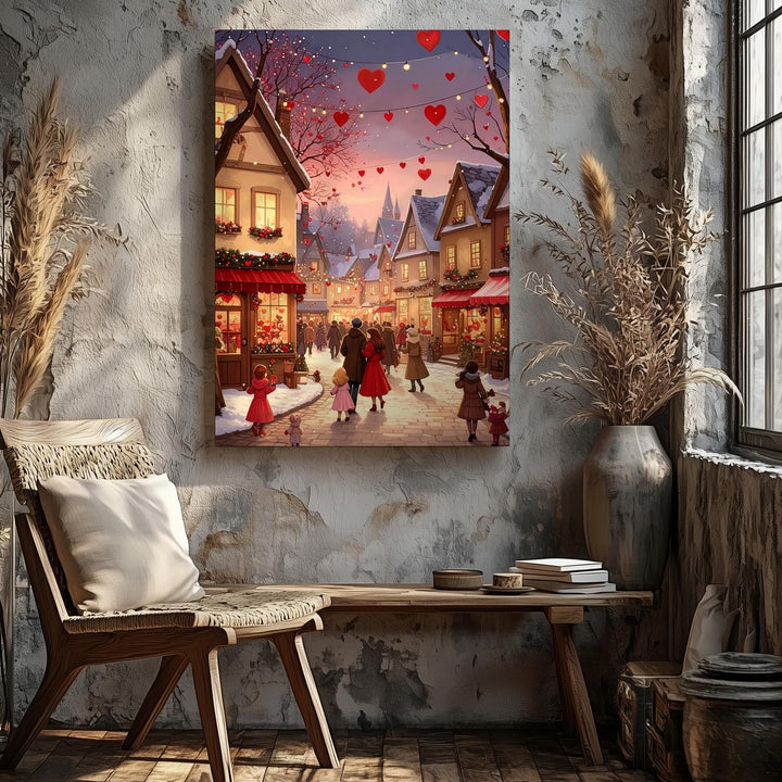 Romantic Winter Celebration Canvas – Festive Village Street with Hearts and Lights - Gifitto