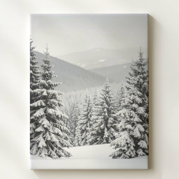 Monochrome Snow Pines Canvas – Minimalist Winter Landscape Wall Art
