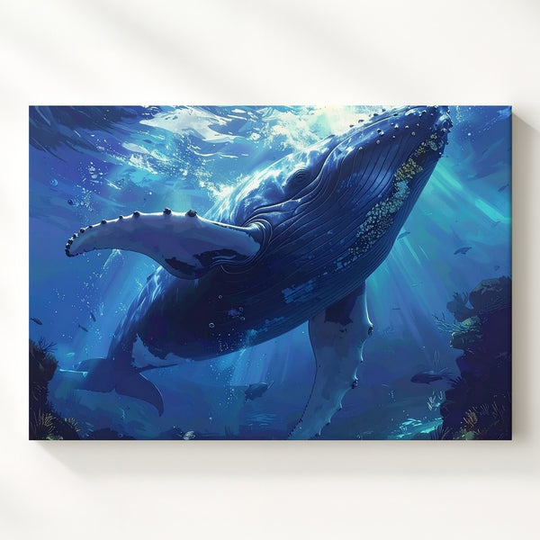 Blue Whale Ascent Canvas – Vibrant Vertical Underwater Fantasy Art