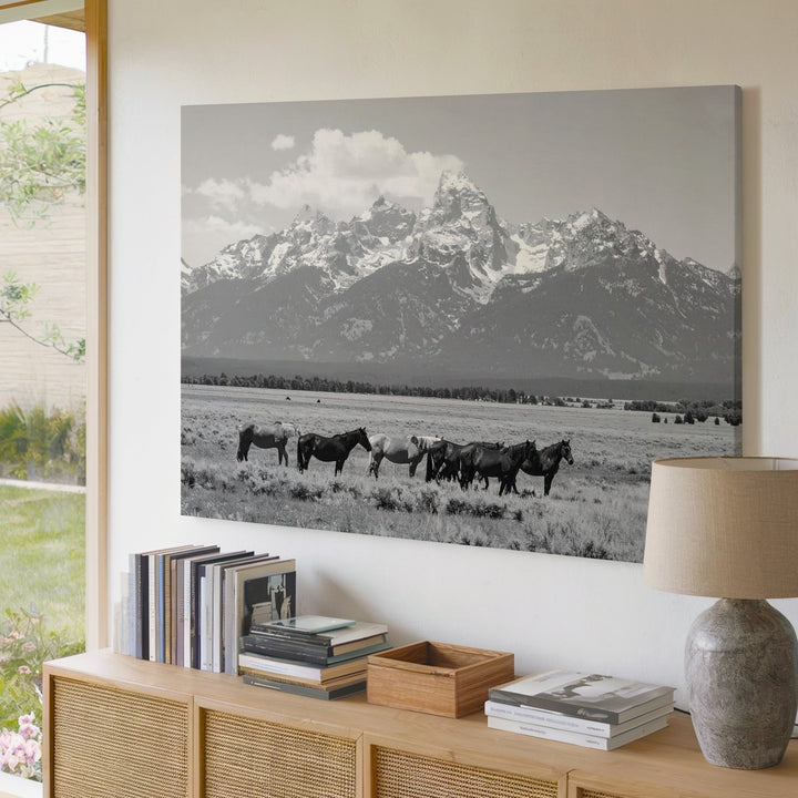 Majestic Horses in the Field Canvas – Black and White Landscape Photography - Gifitto