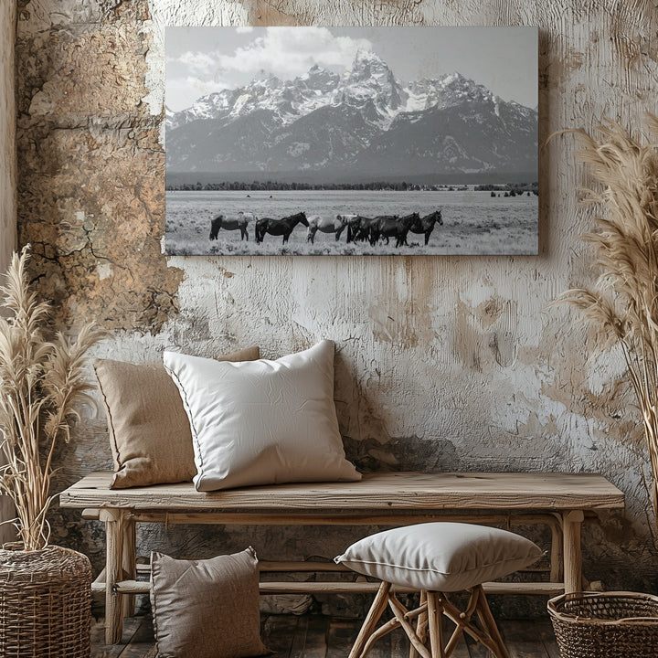 Majestic Horses in the Field Canvas – Black and White Landscape Photography - Gifitto