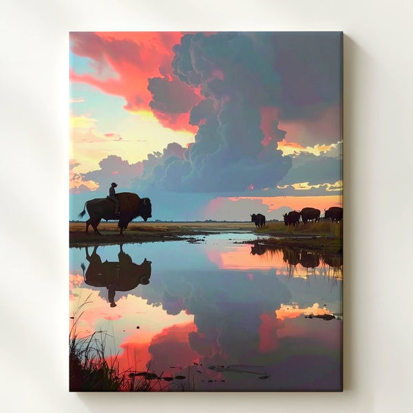 Lone Rider at Sunset Canvas – Cinematic Horse & Buffalo Scene - Gifitto