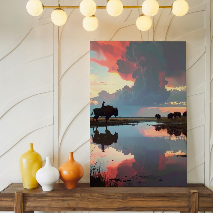 Lone Rider at Sunset Canvas – Cinematic Horse & Buffalo Scene - Gifitto