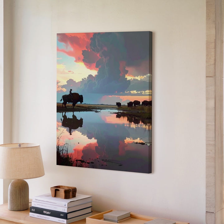 Lone Rider at Sunset Canvas – Cinematic Horse & Buffalo Scene - Gifitto