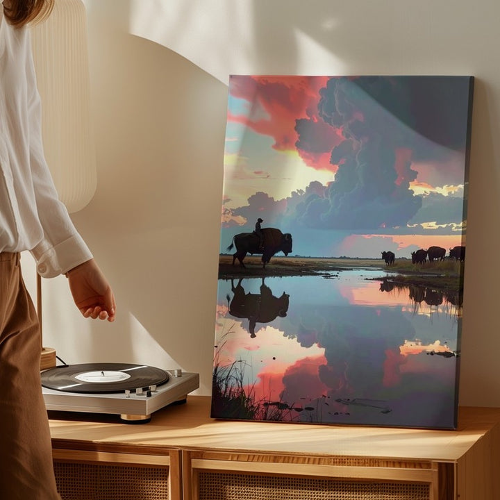 Lone Rider at Sunset Canvas – Cinematic Horse & Buffalo Scene - Gifitto