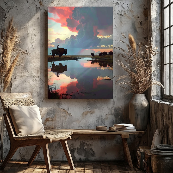 Lone Rider at Sunset Canvas – Cinematic Horse & Buffalo Scene - Gifitto