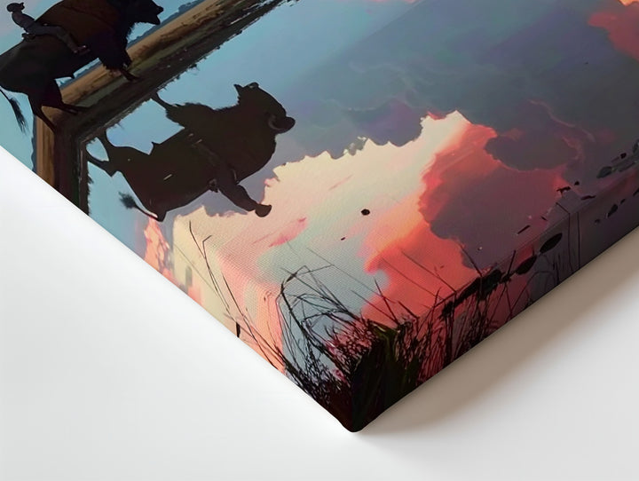 Lone Rider at Sunset Canvas – Cinematic Horse & Buffalo Scene - Gifitto