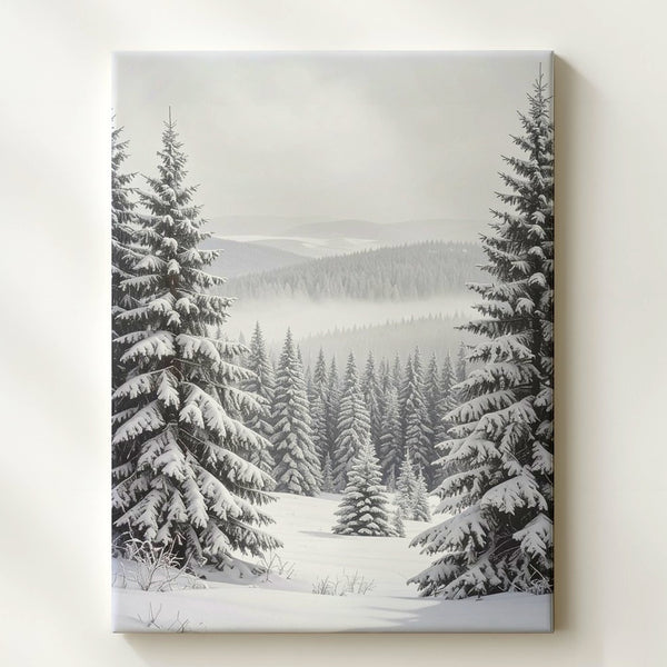 Snow-Laden Fir Forest Canvas – Peaceful Misty Winter Morning Wall Art