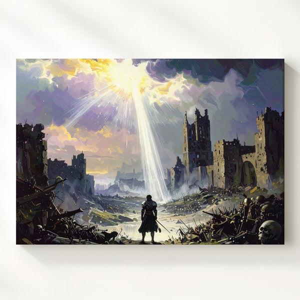 Divine Reckoning Canvas – Dark Fantasy Warrior & Ruined City Wall Art - Gifitto