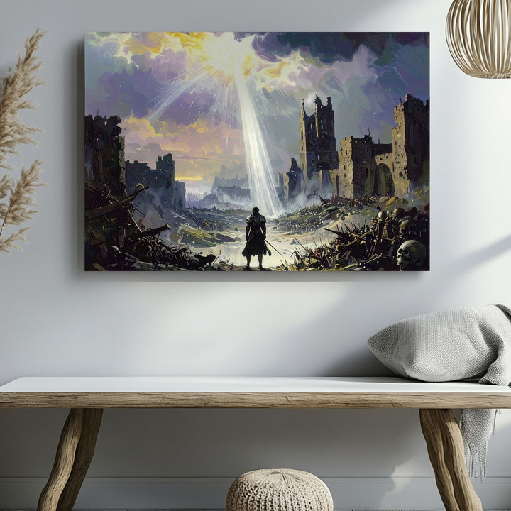 Divine Reckoning Canvas – Dark Fantasy Warrior & Ruined City Wall Art - Gifitto