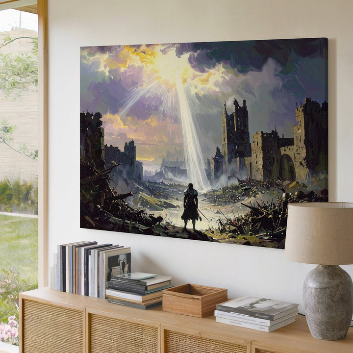 Divine Reckoning Canvas – Dark Fantasy Warrior & Ruined City Wall Art - Gifitto