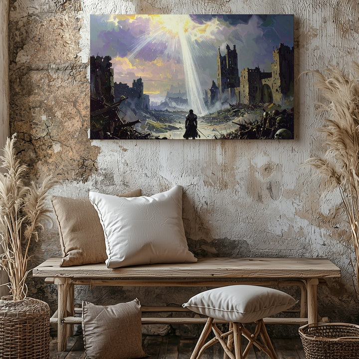 Divine Reckoning Canvas – Dark Fantasy Warrior & Ruined City Wall Art - Gifitto
